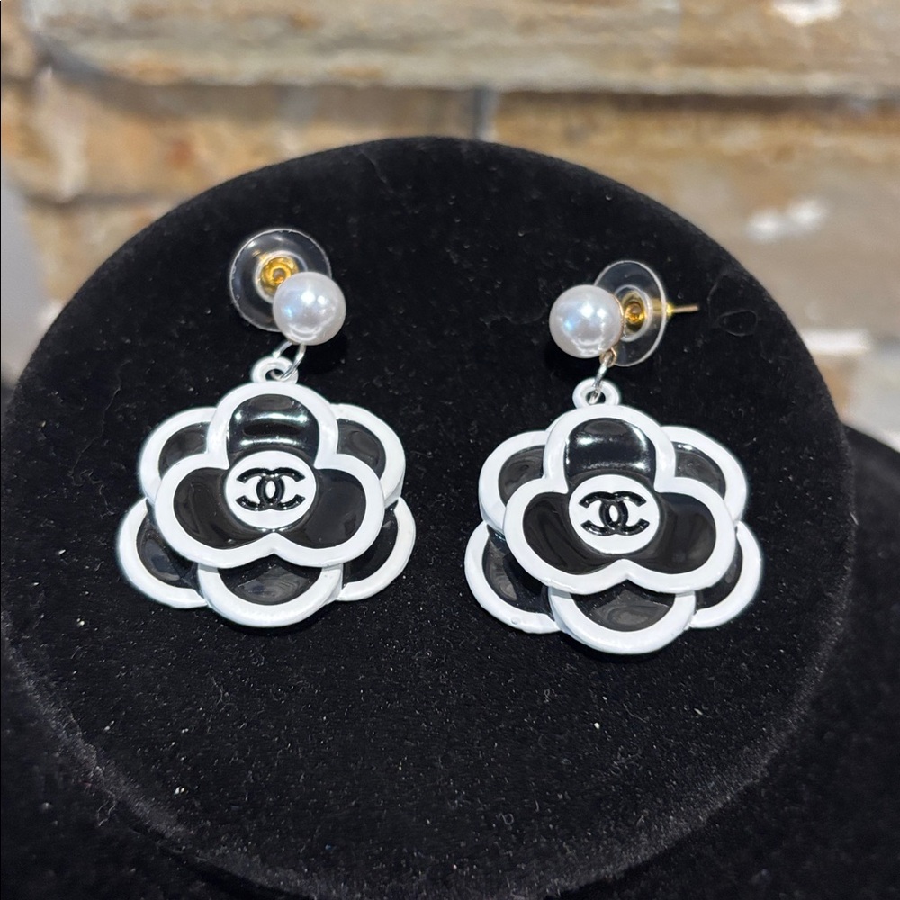 Black and White Camellia Drop Earrings with Pearl Studs